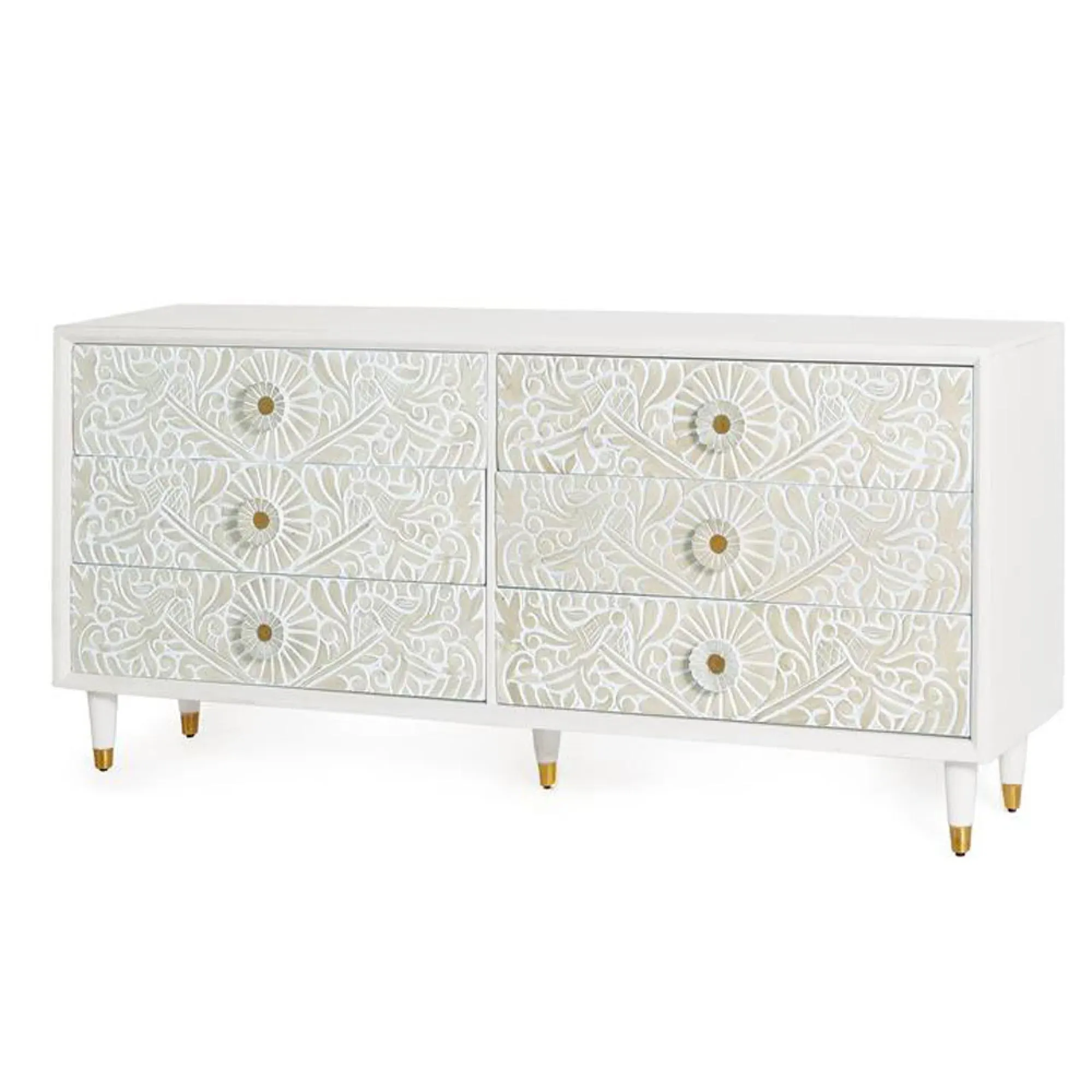 Dover Carved 6 Drawer Wide Chest - White, Mango Wood