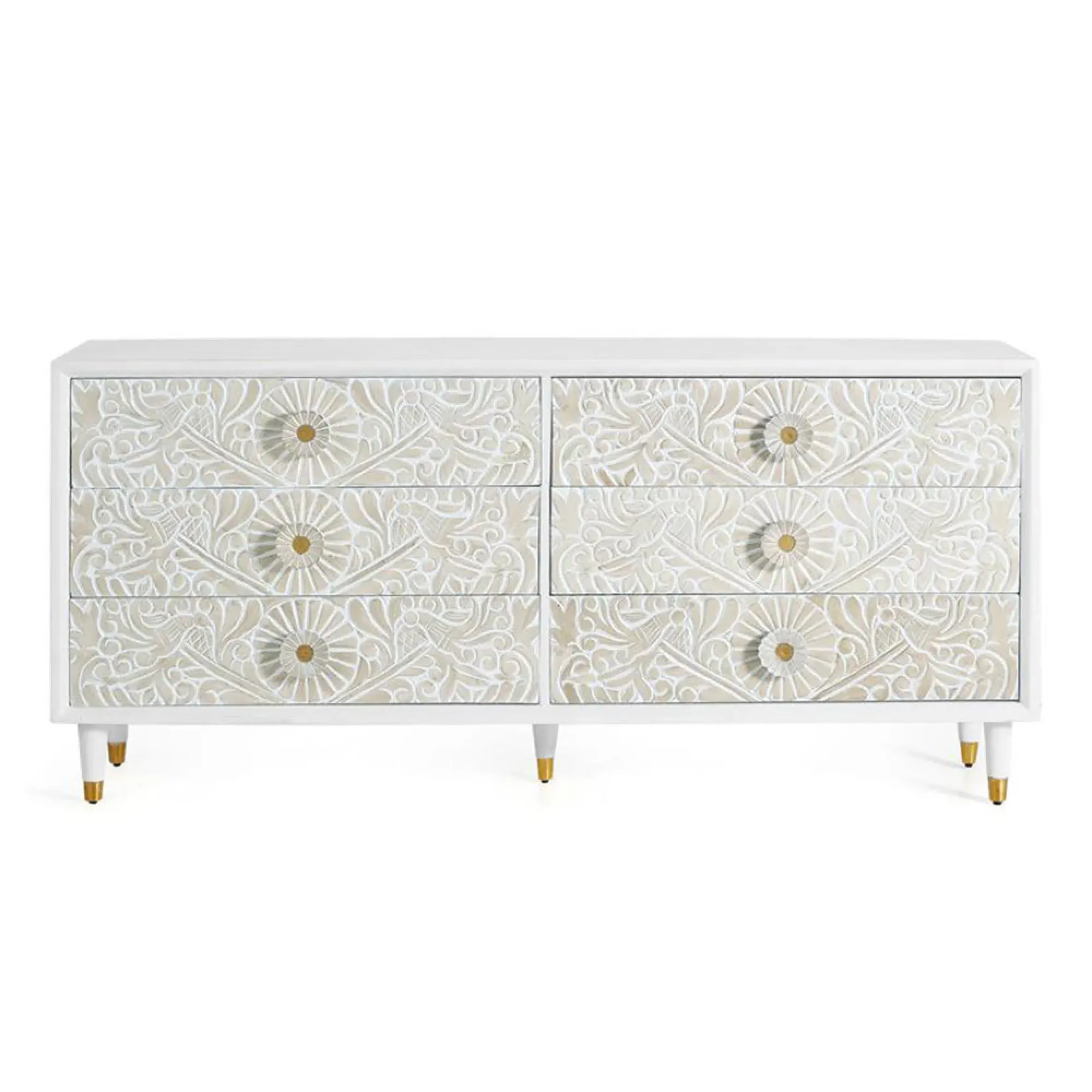Dover Carved 6 Drawer Wide Chest - White, Mango Wood