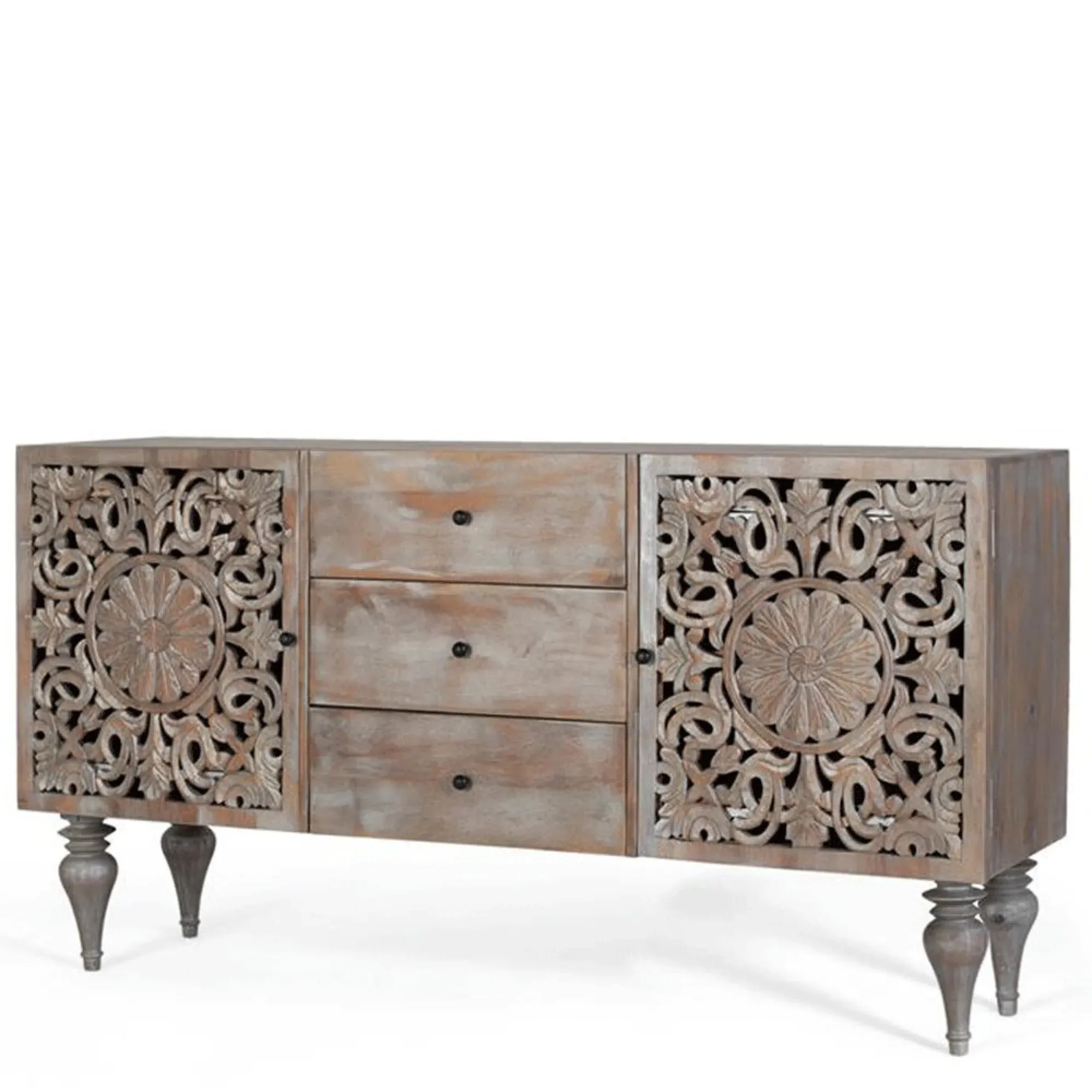 Edith 2 Door Medium Sideboard - Pickled Grey, Carved Mango Wood