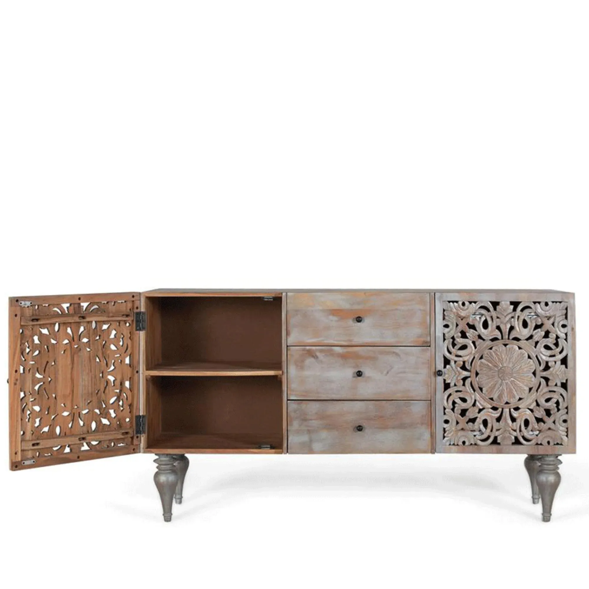 Edith 2 Door Medium Sideboard - Pickled Grey, Carved Mango Wood
