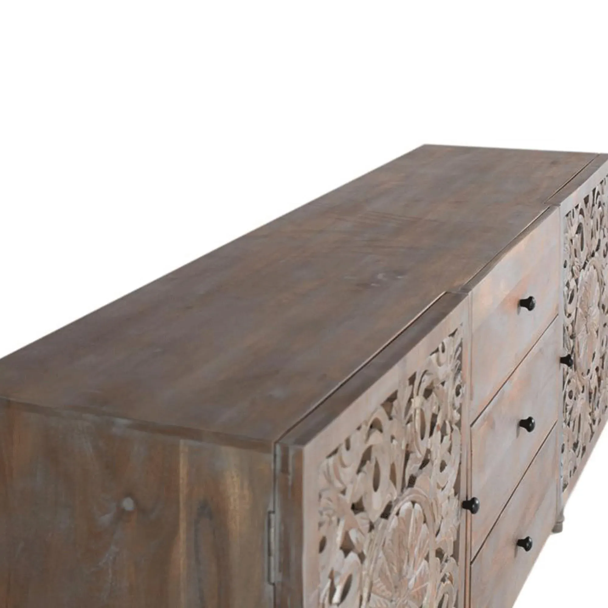 Edith 2 Door Medium Sideboard - Pickled Grey, Carved Mango Wood