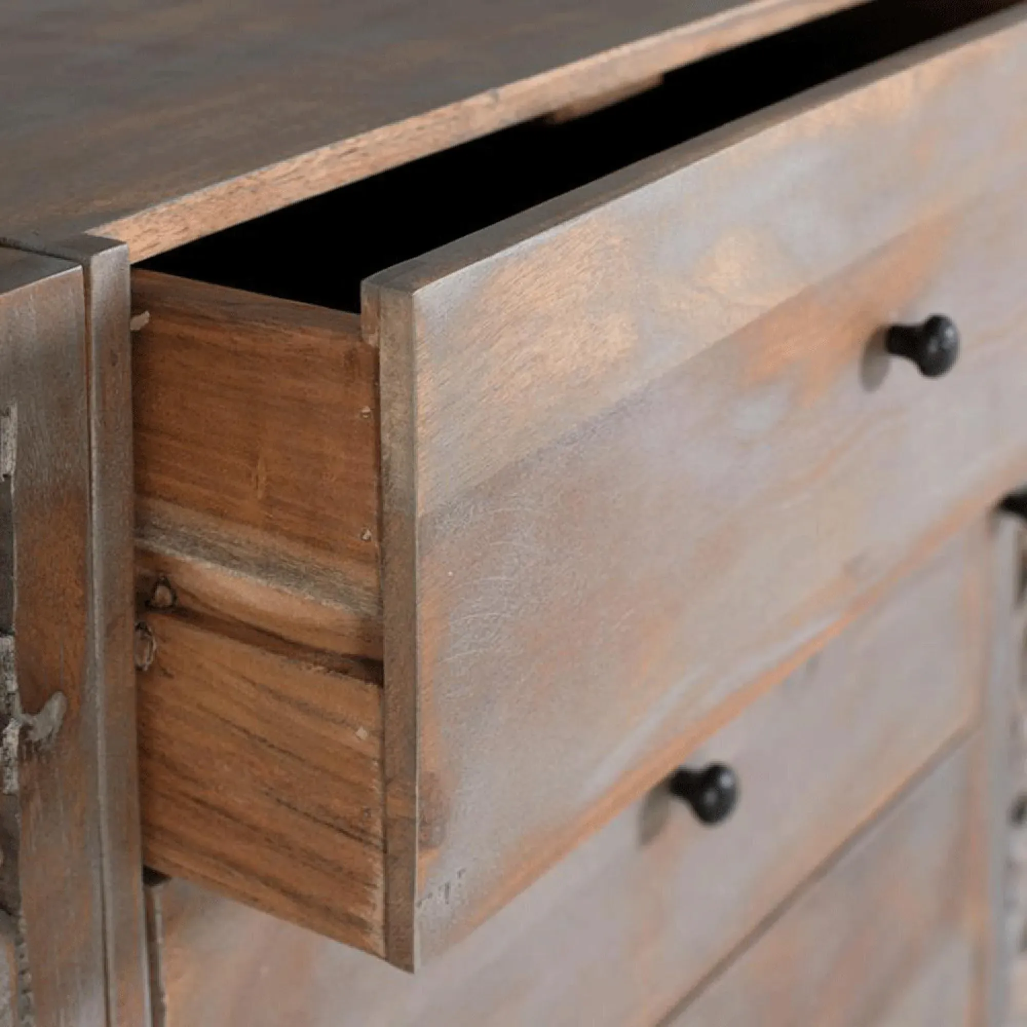 Edith 2 Door Medium Sideboard - Pickled Grey, Carved Mango Wood