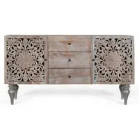 Edith 2 Door Medium Sideboard - Pickled Grey, Carved Mango Wood