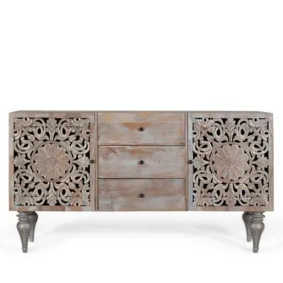 Edith 2 Door Medium Sideboard - Pickled Grey, Carved Mango Wood image