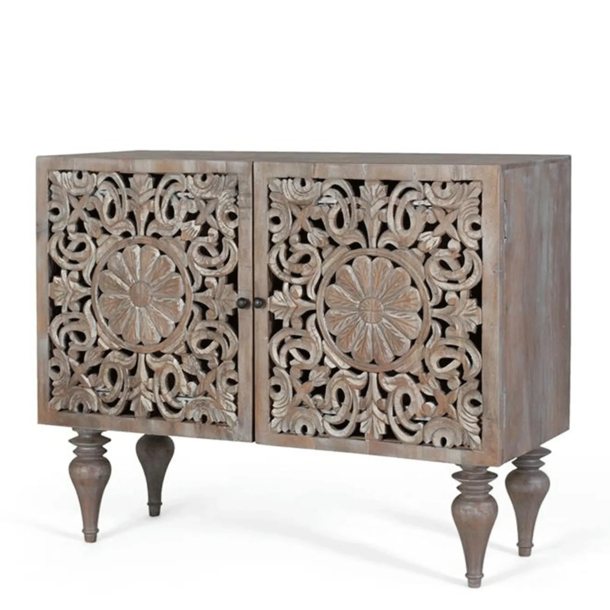 Edith Carved 2 Door Small Sideboard - Grey, Mango Wood