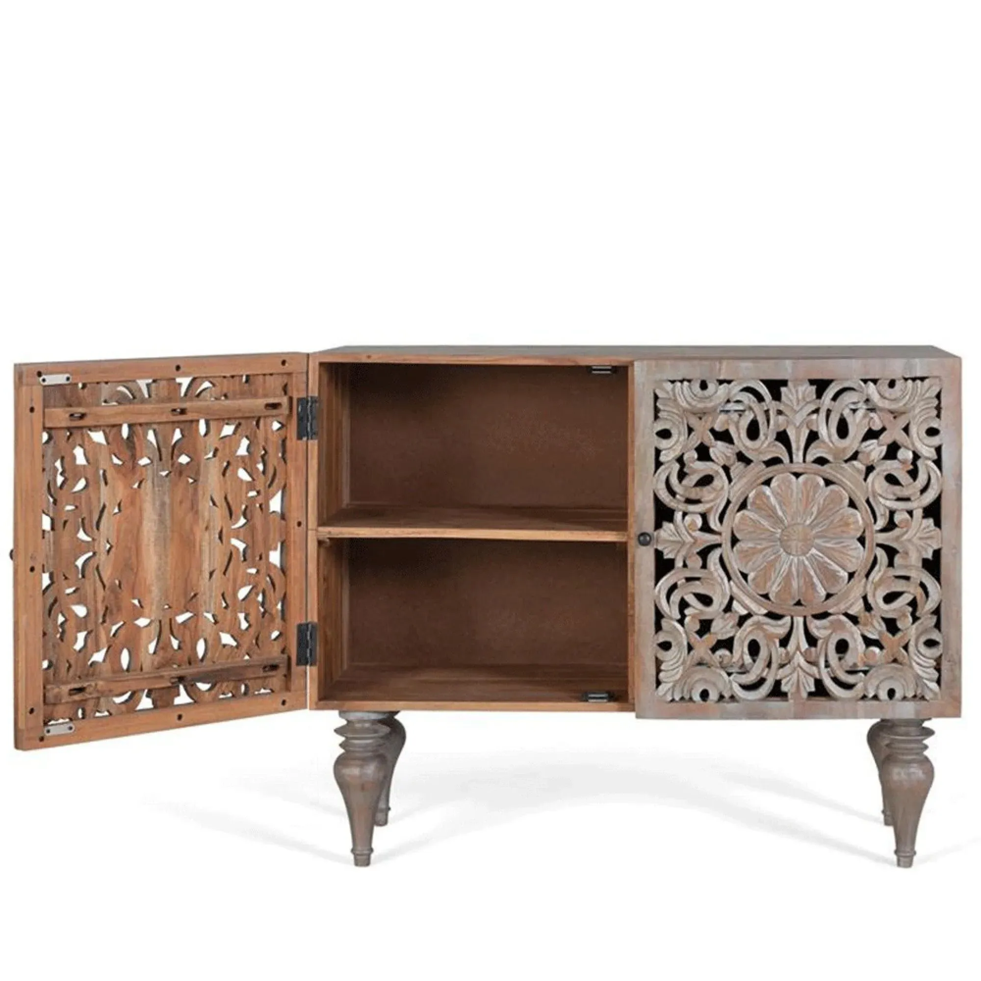 Edith Carved 2 Door Small Sideboard - Grey, Mango Wood