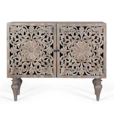 Edith Carved 2 Door Small Sideboard - Grey, Mango Wood
