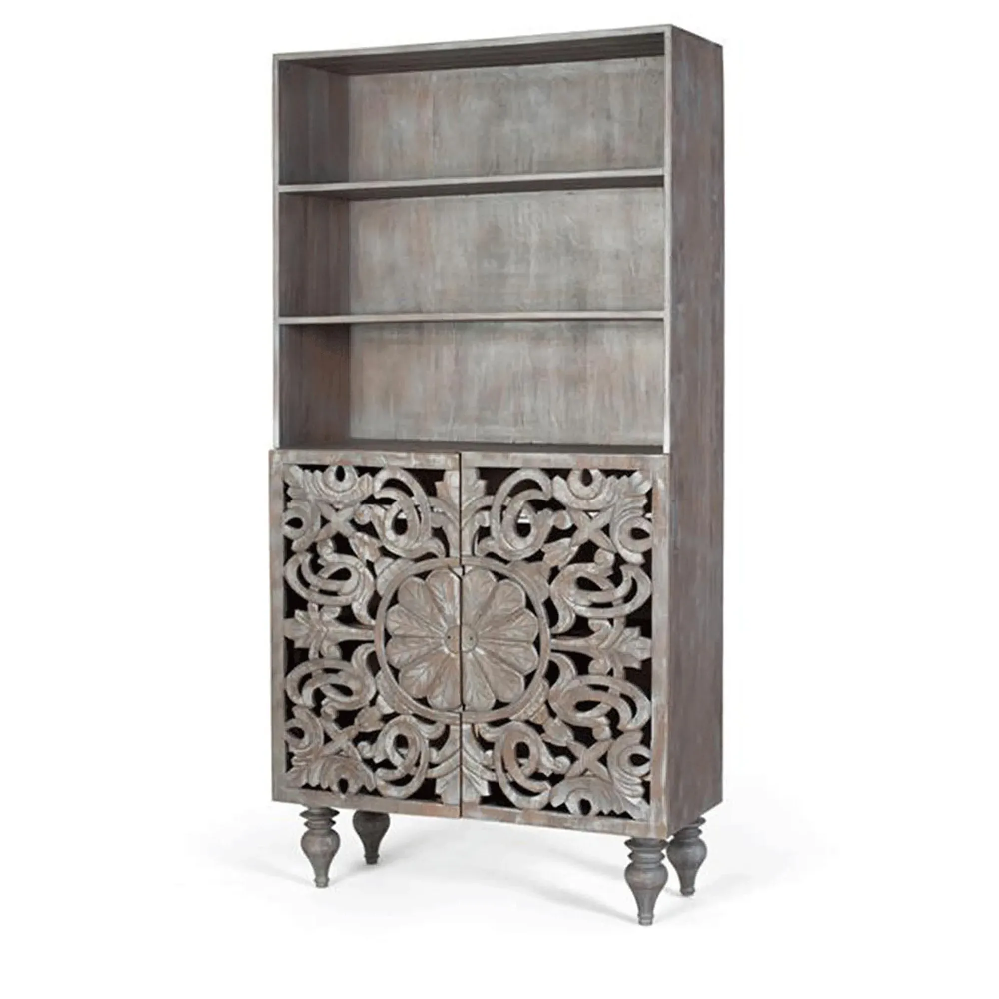 Edith Carved Bookcase with Cupboard - Pickled Grey, Mango Wood