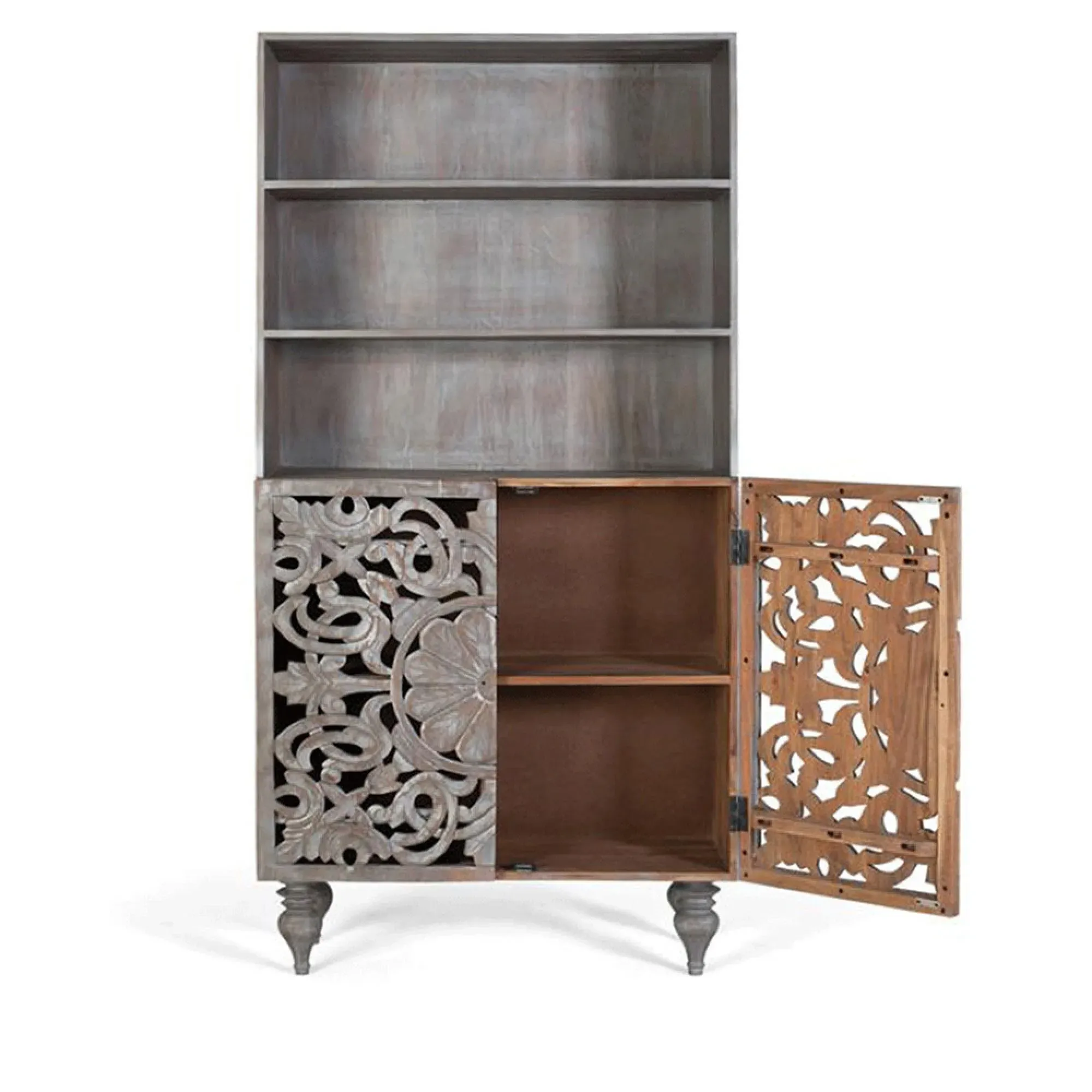 Edith Carved Bookcase with Cupboard - Pickled Grey, Mango Wood