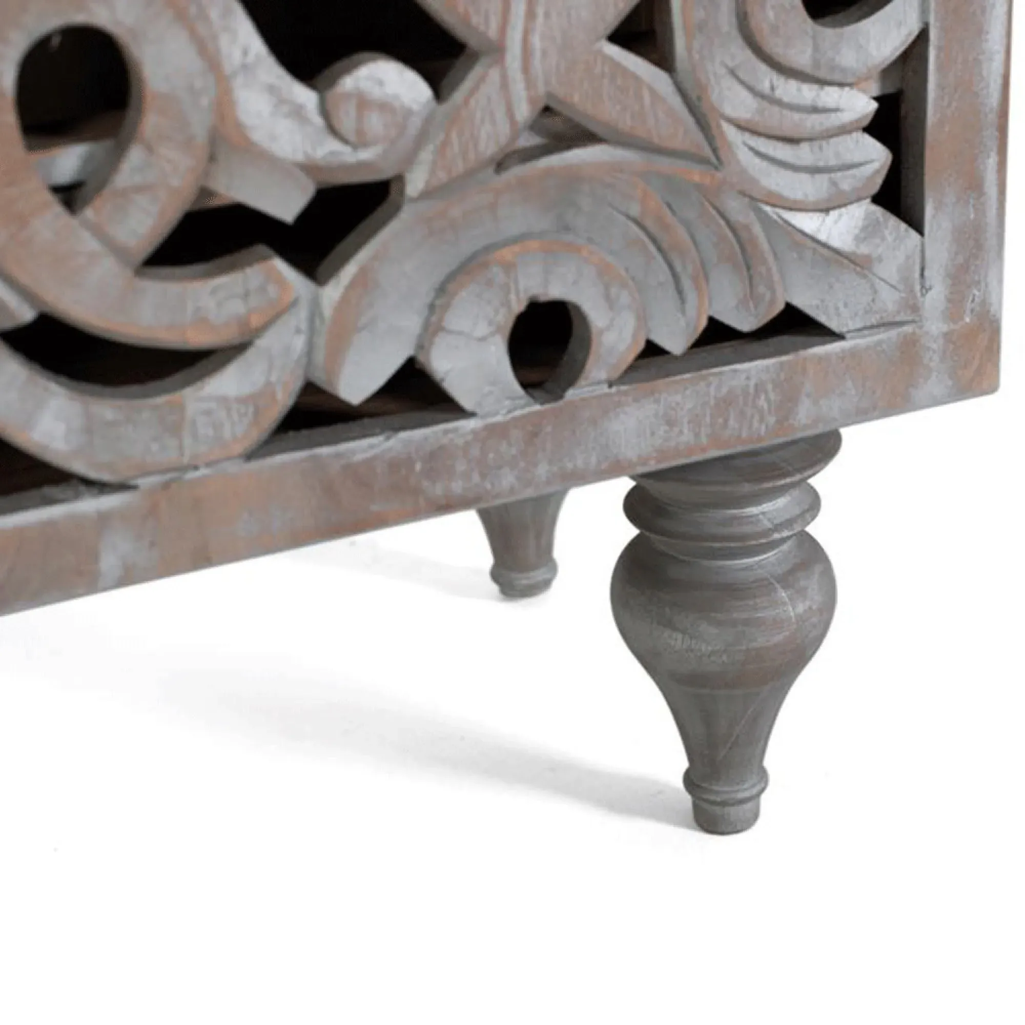 Edith Carved Bookcase with Cupboard - Pickled Grey, Mango Wood