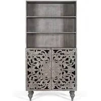 Edith Carved Bookcase with Cupboard - Pickled Grey, Mango Wood