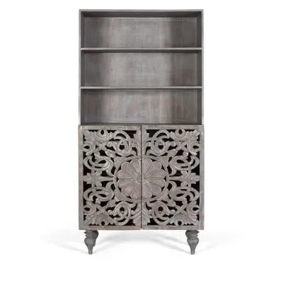 Edith Carved Bookcase with Cupboard - Pickled Grey, Mango Wood