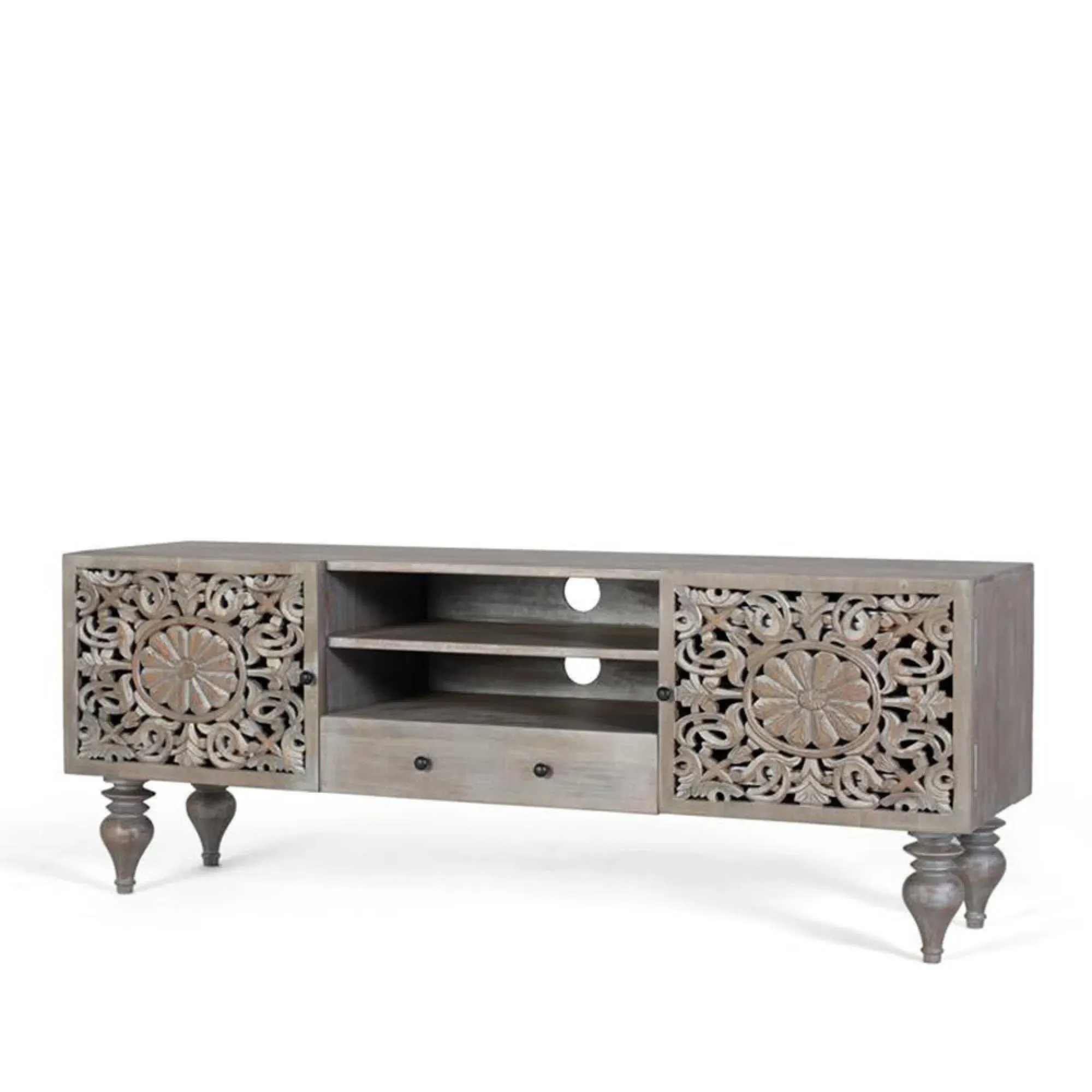 Edith Carved Storage TV Unit - Grey, Mango Wood