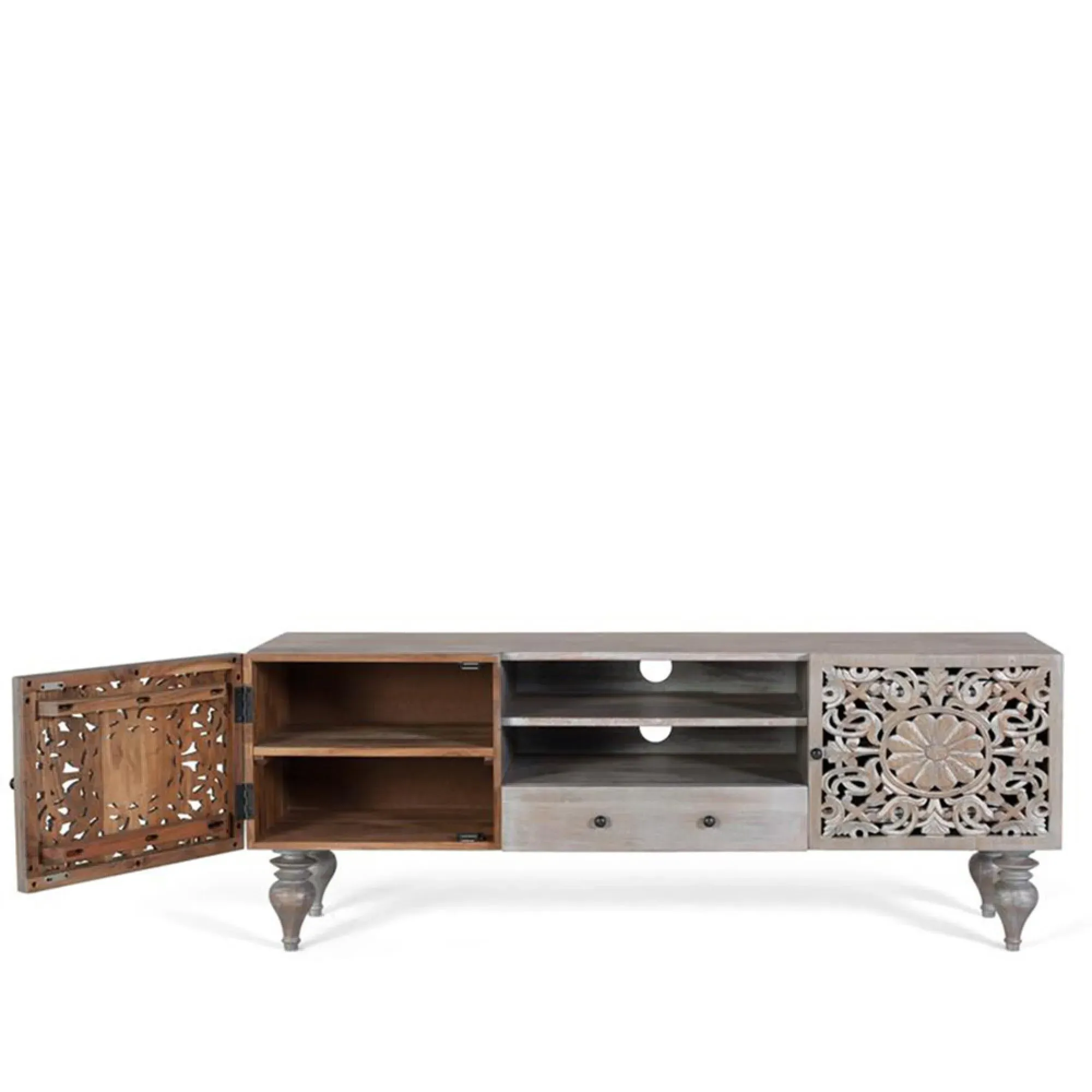 Edith Carved Storage TV Unit - Grey, Mango Wood