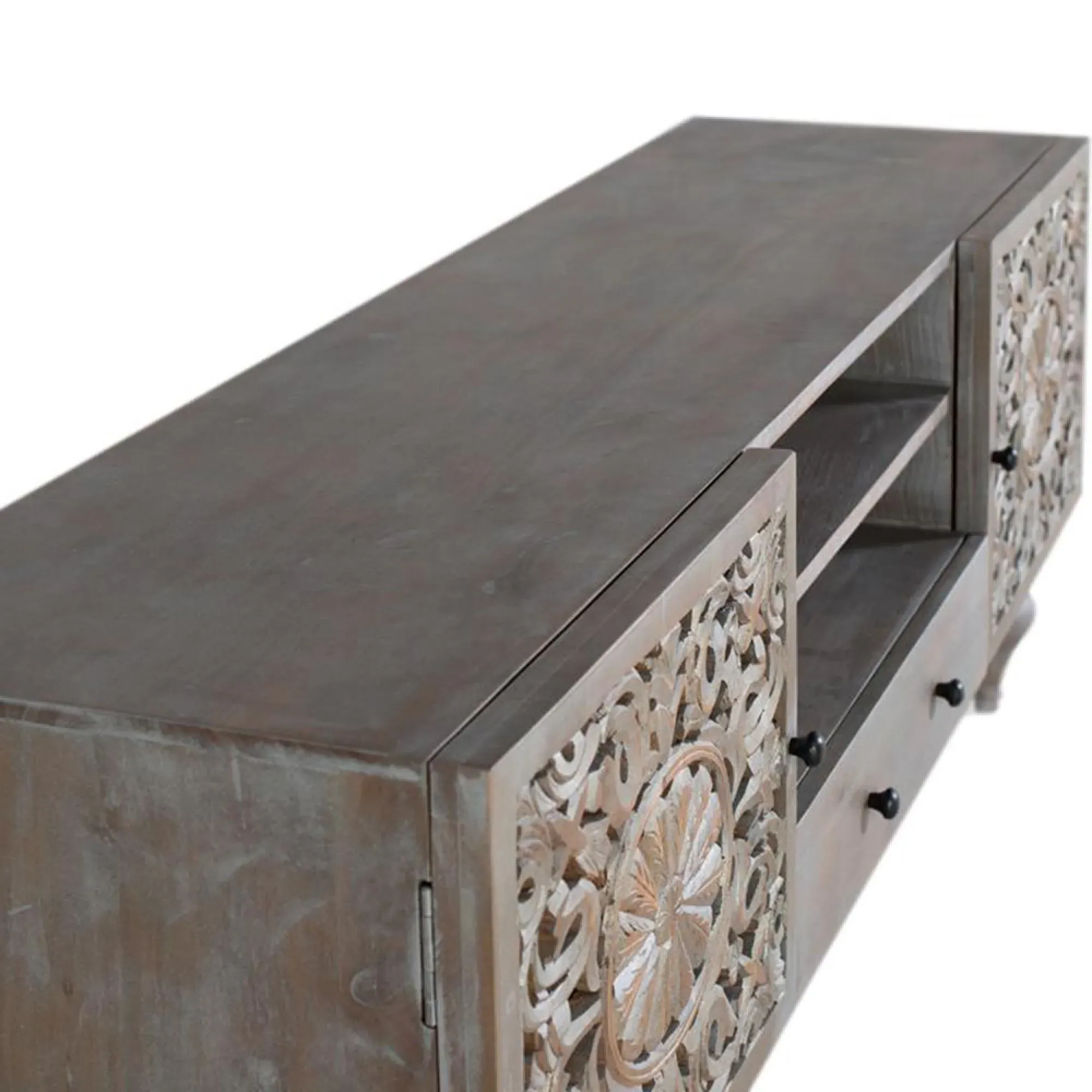 Edith Carved Storage TV Unit - Grey, Mango Wood