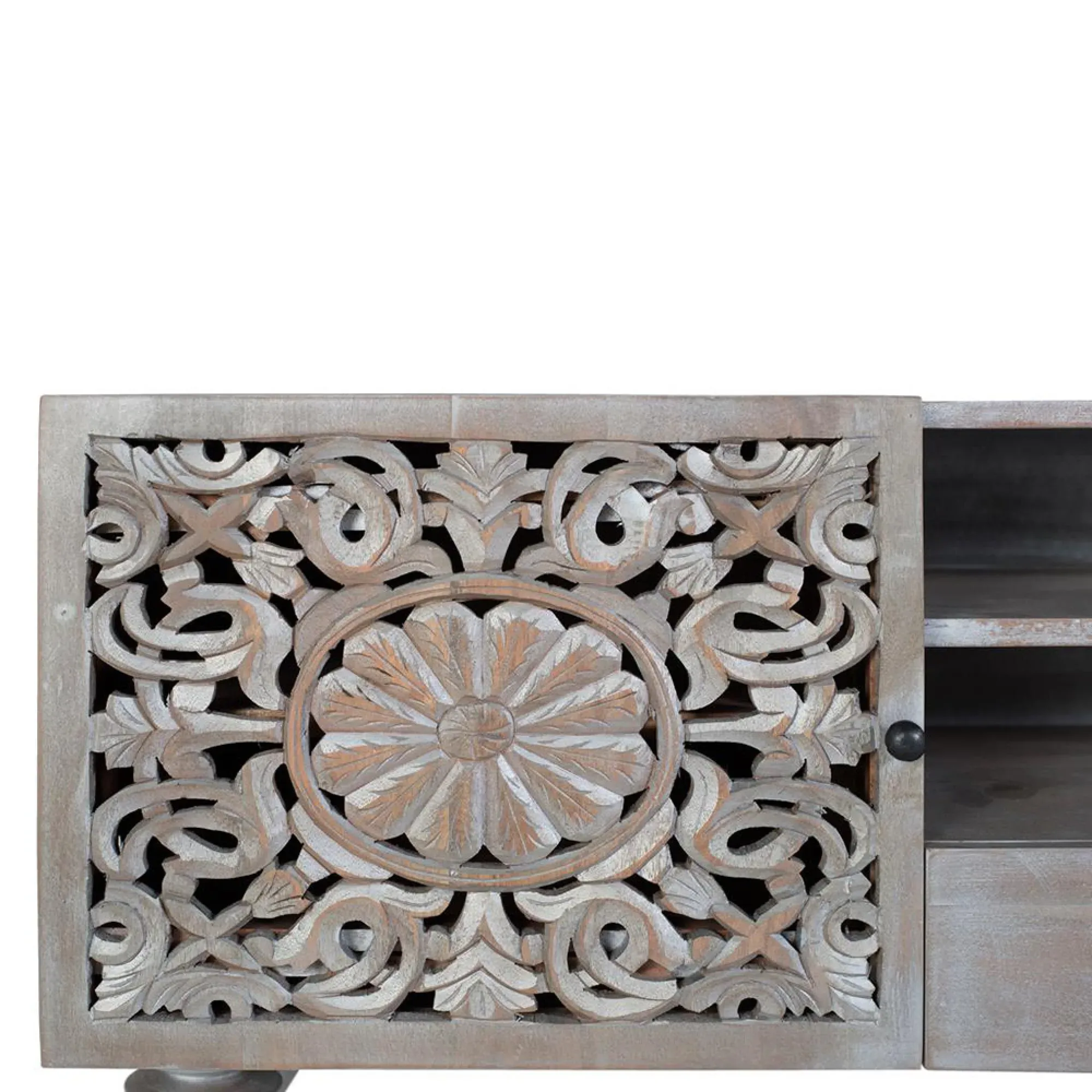 Edith Carved Storage TV Unit - Grey, Mango Wood