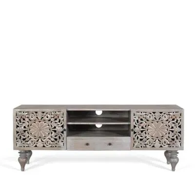 Edith Carved Storage TV Unit - Grey, Mango Wood