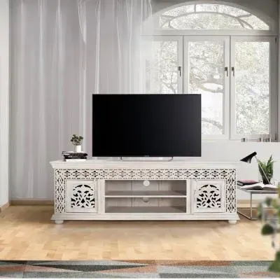 Ferrara Carved 2 Door Large TV Unit - Aged White, Mango Wood