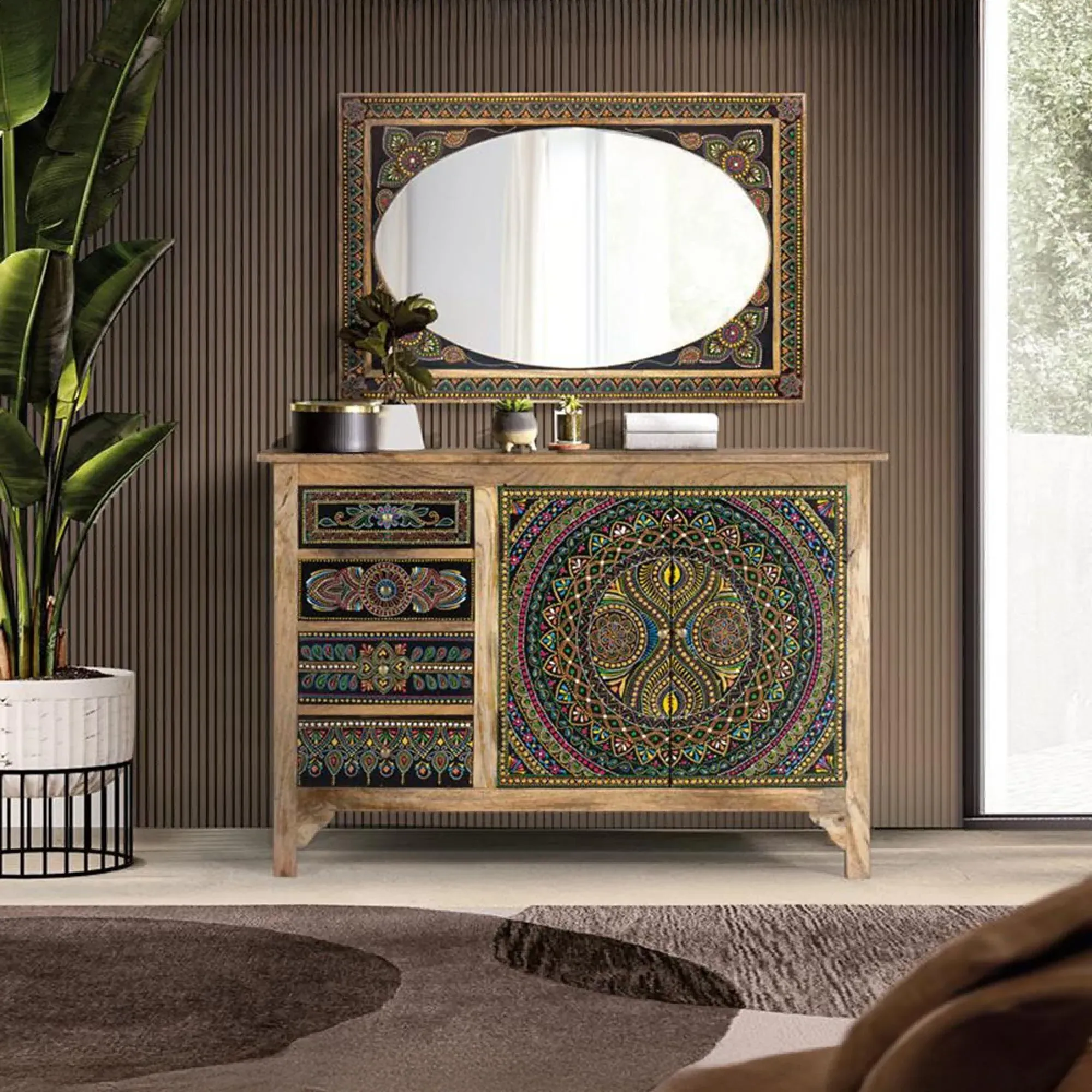 Galach Wall Mirror - Black, Mango Wood