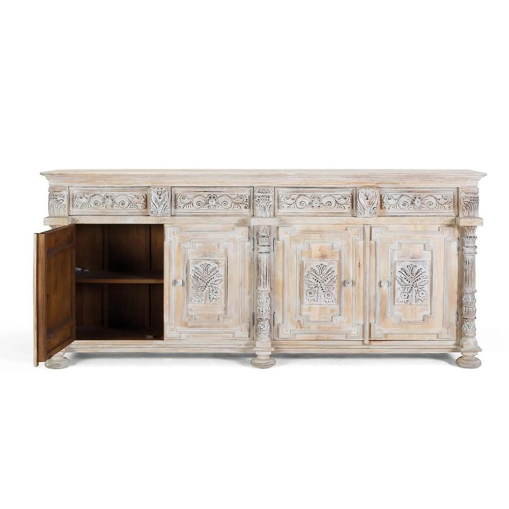 Halambres Distressed Carved 4 Door Sideboard - Aged White, Mango Wood