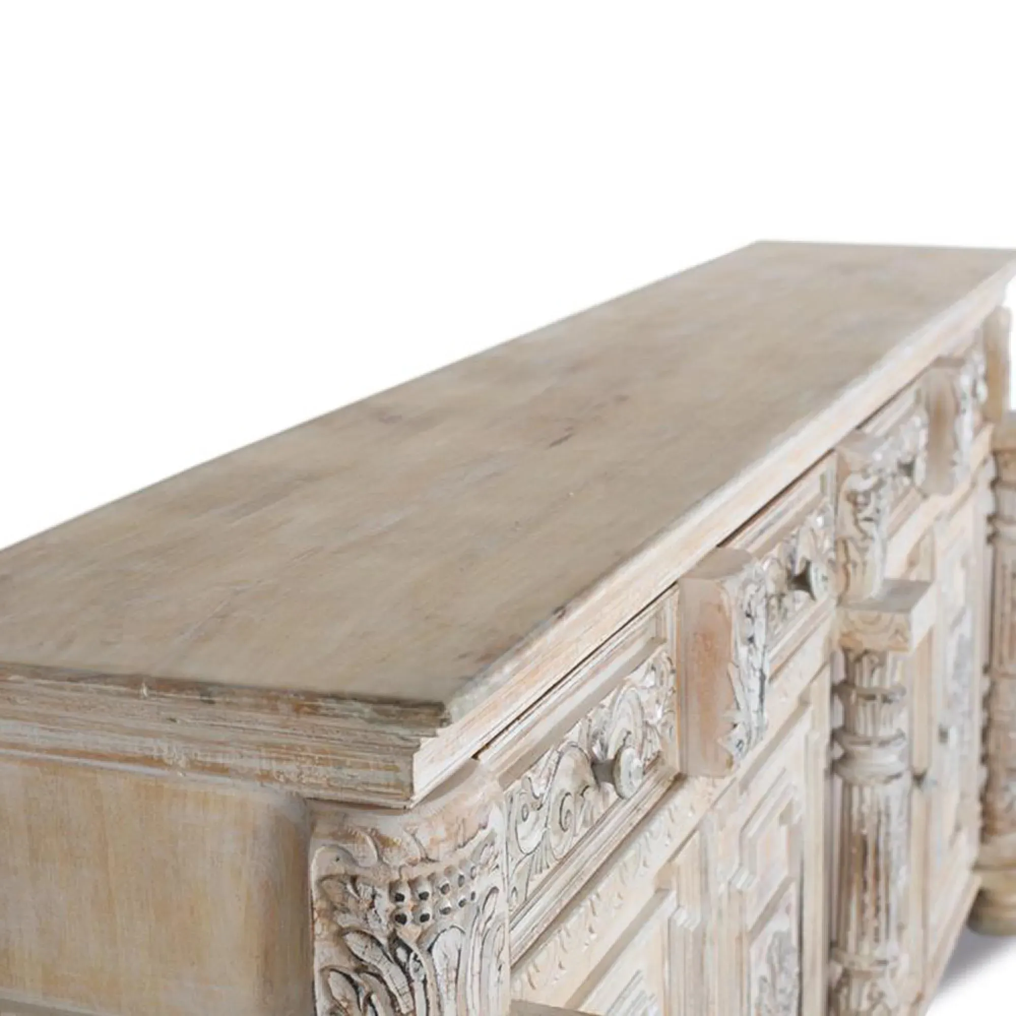 Halambres Distressed Carved 4 Door Sideboard - Aged White, Mango Wood