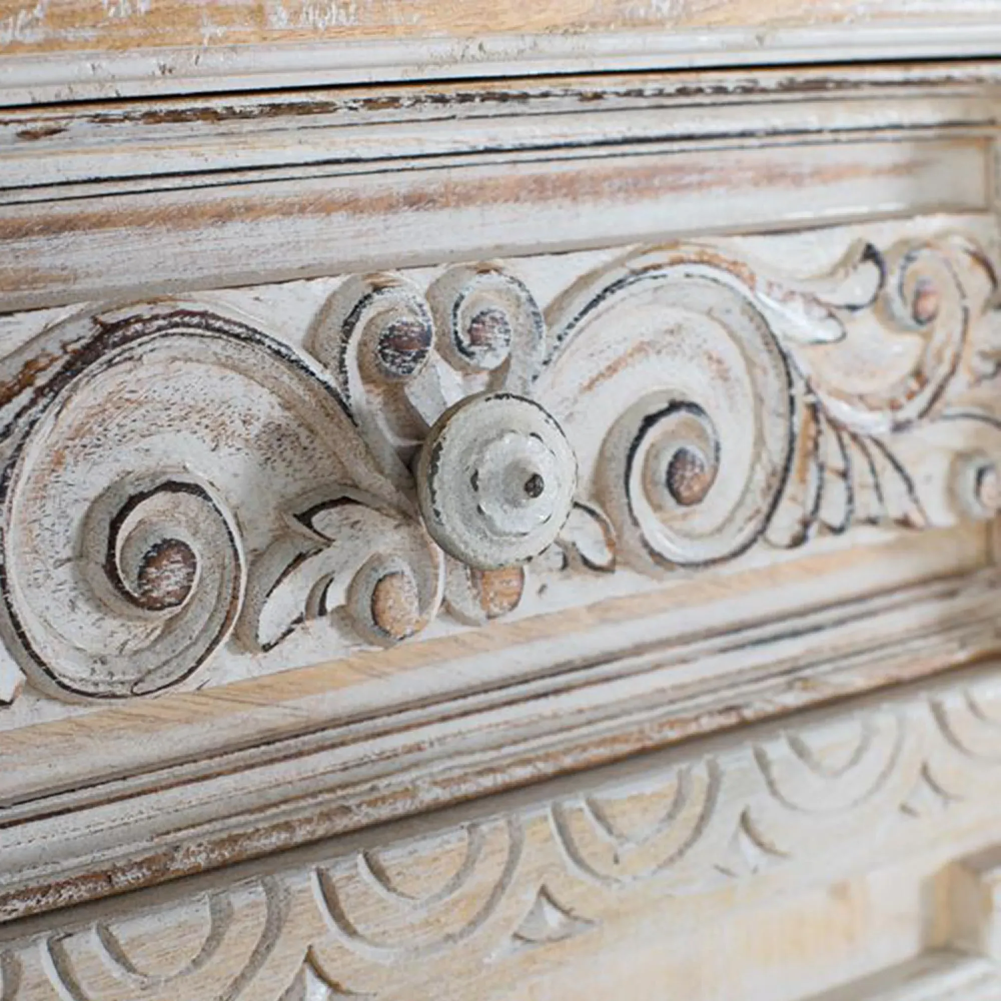 Halambres Distressed Carved 4 Door Sideboard - Aged White, Mango Wood