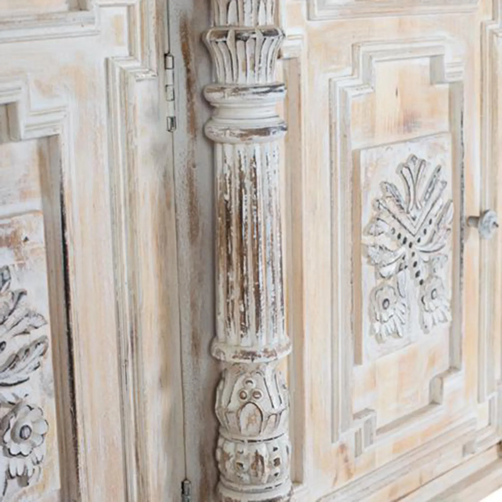 Halambres Distressed Carved 4 Door Sideboard - Aged White, Mango Wood