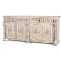 Halambres Distressed Carved 4 Door Sideboard - Aged White, Mango Wood