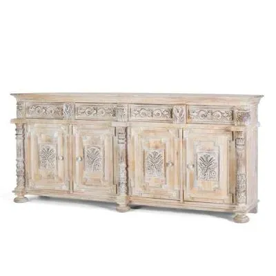 Halambres Distressed Carved 4 Door Sideboard - Aged White, Mango Wood