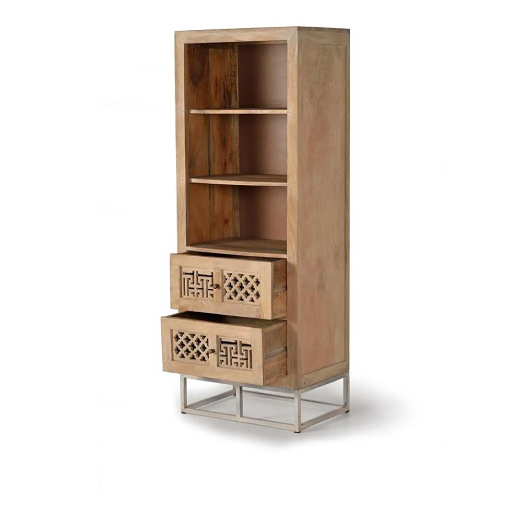 Hiram Carved 2 Drawer Tall Bookcase - Natural, Mango Wood