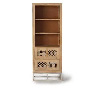 Hiram Carved 2 Drawer Tall Bookcase - Natural, Mango Wood image