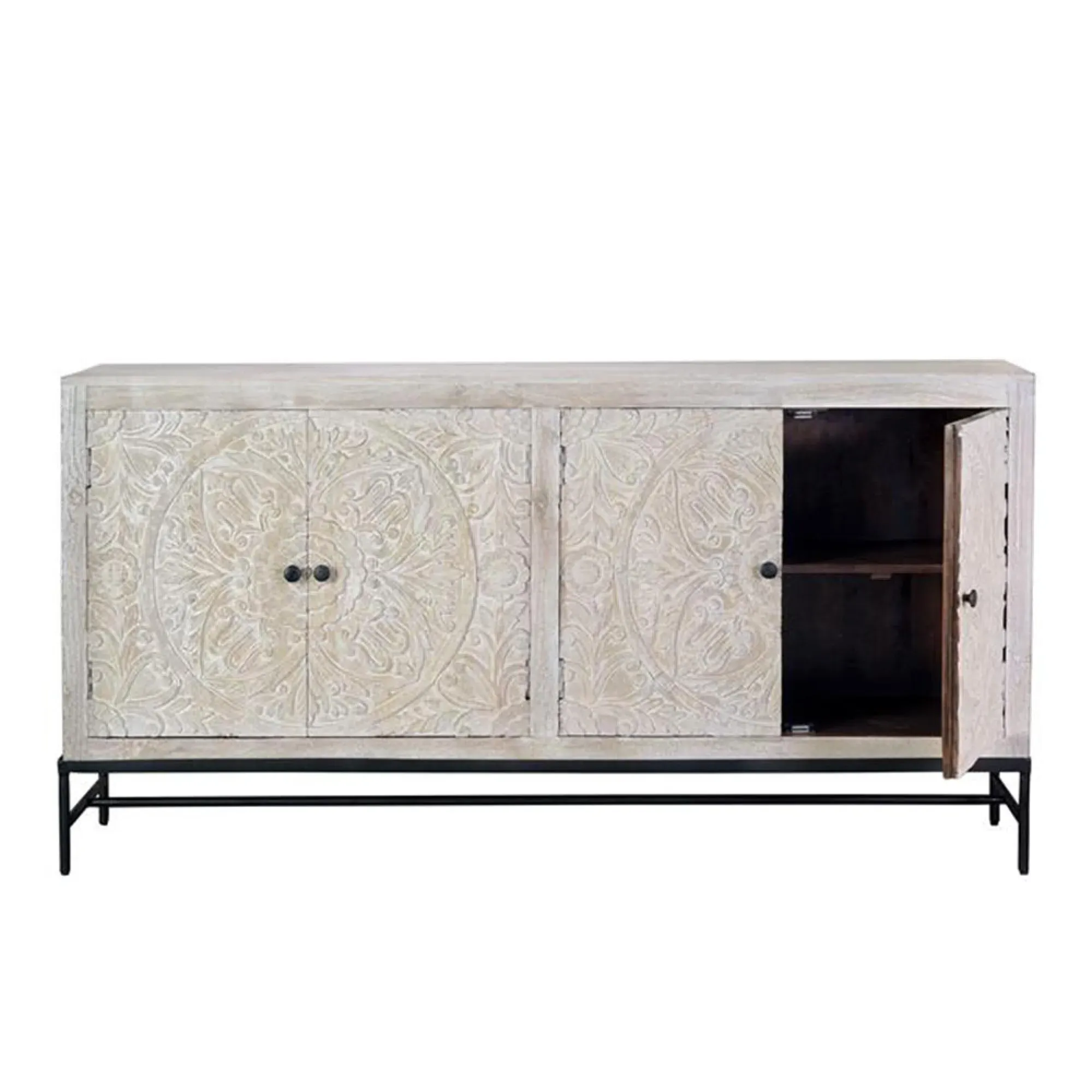 Hothova 4 Door Large Sideboard - Distressed White, Mango Wood