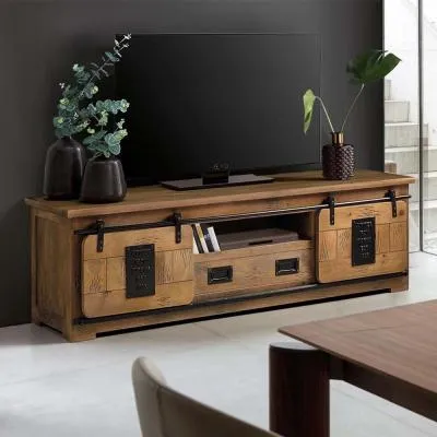 Iron Works Large TV Unit with Storage - Natural, Mango Wood