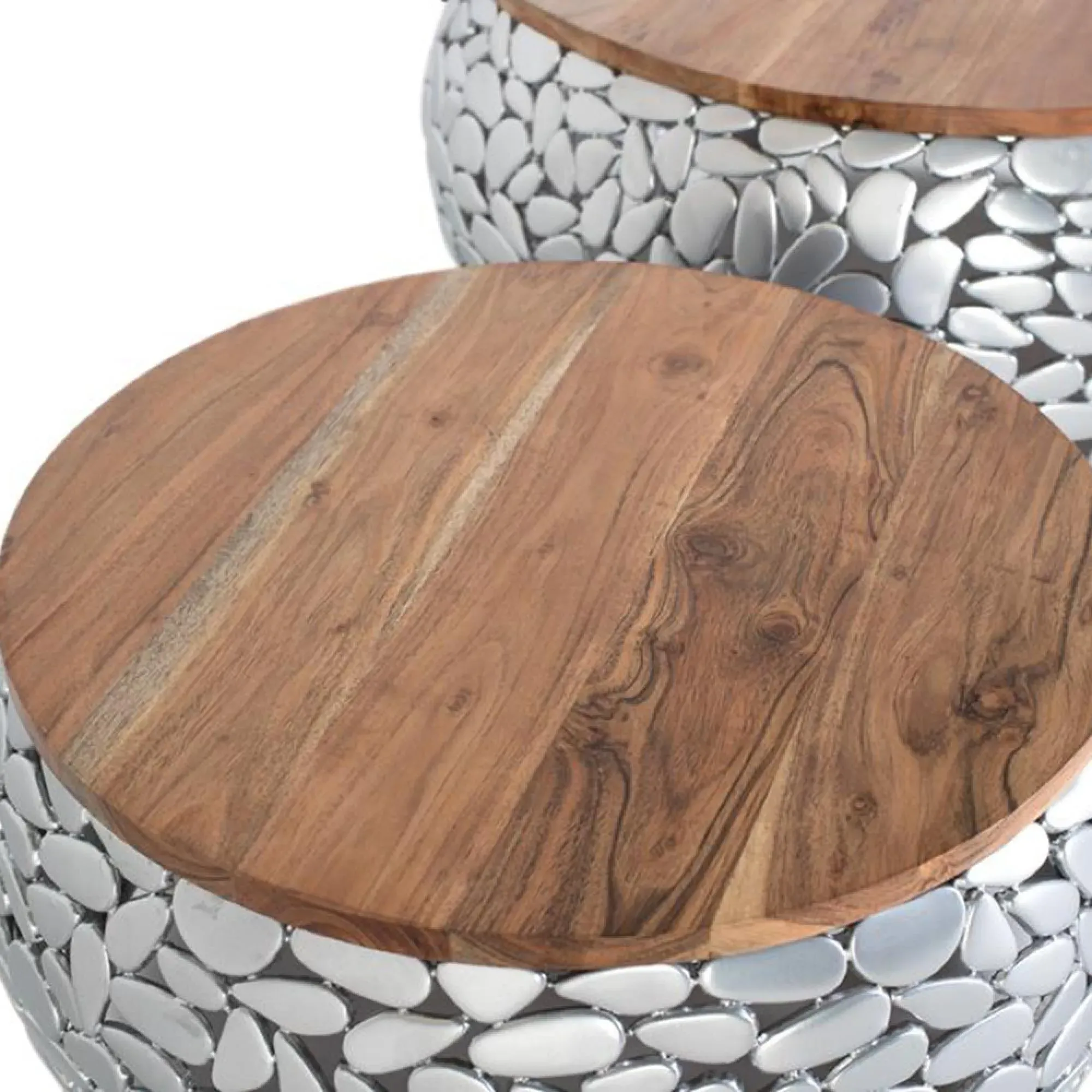 Jambiani Round Coffee Table Set of 2 - Chrome, Mango Wood