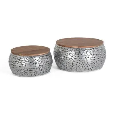 Jambiani Round Coffee Table Set of 2 - Chrome, Mango Wood