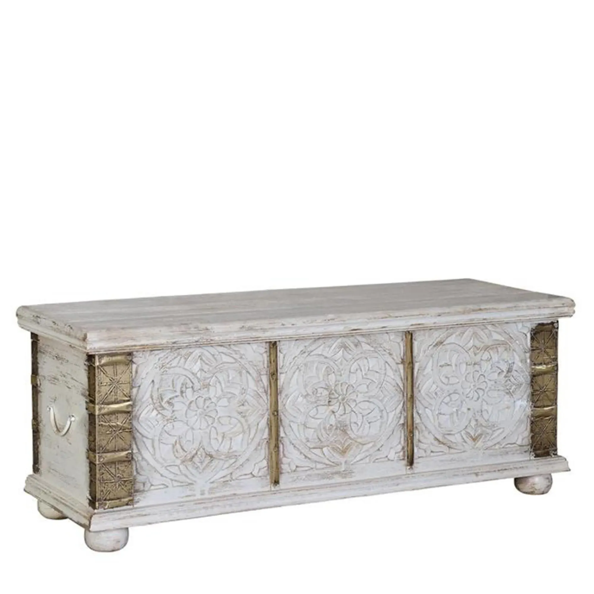 Jenbach Carved Storage Trunk - Aged White, Mango Wood