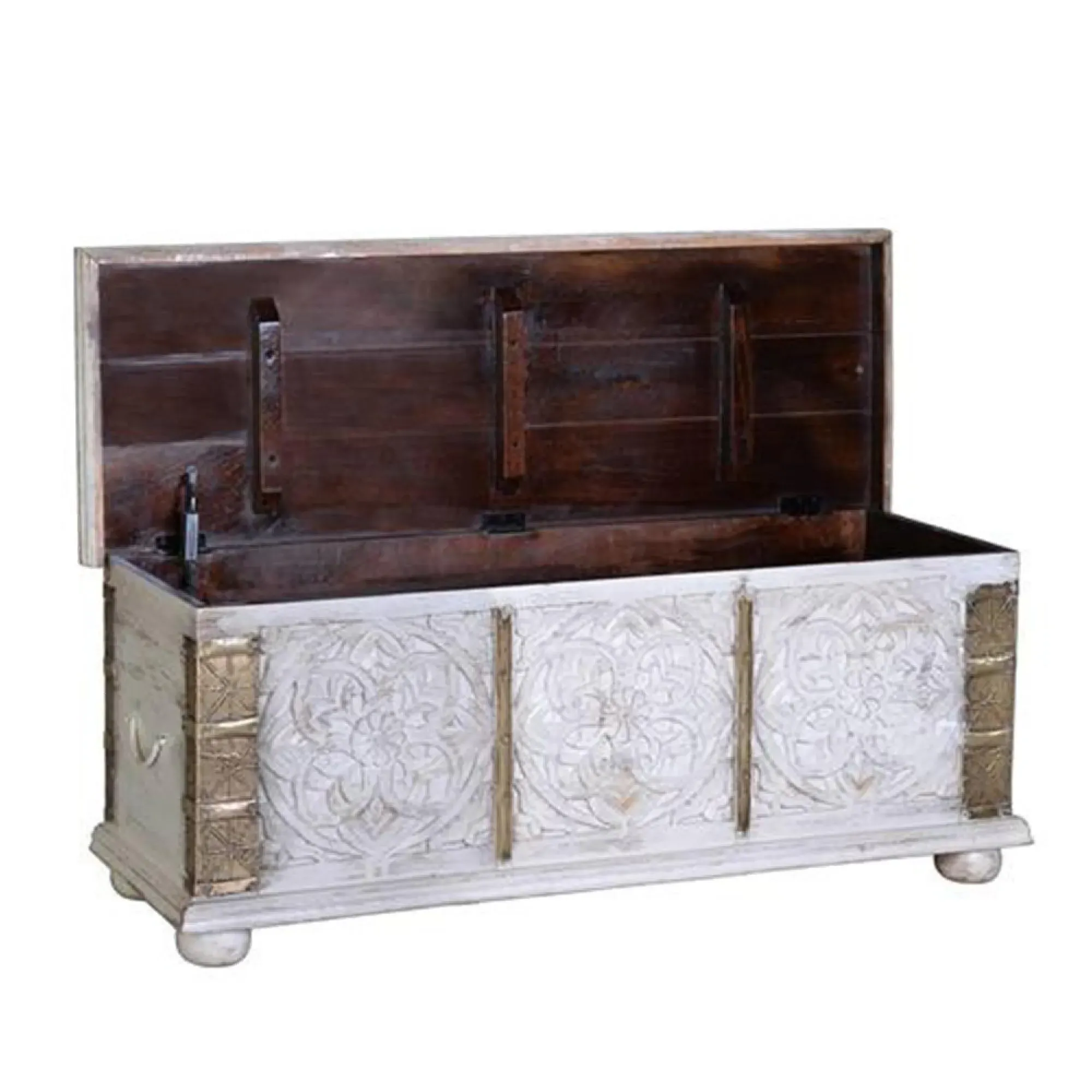 Jenbach Carved Storage Trunk - Aged White, Mango Wood