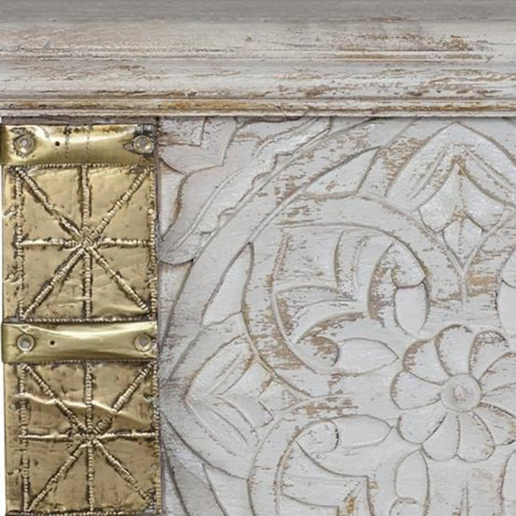 Jenbach Carved Storage Trunk - Aged White, Mango Wood