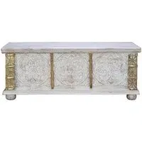 Jenbach Carved Storage Trunk - Aged White, Mango Wood