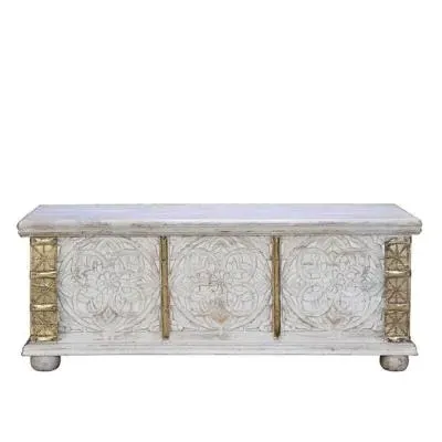 Jenbach Carved Storage Trunk - Aged White, Mango Wood image