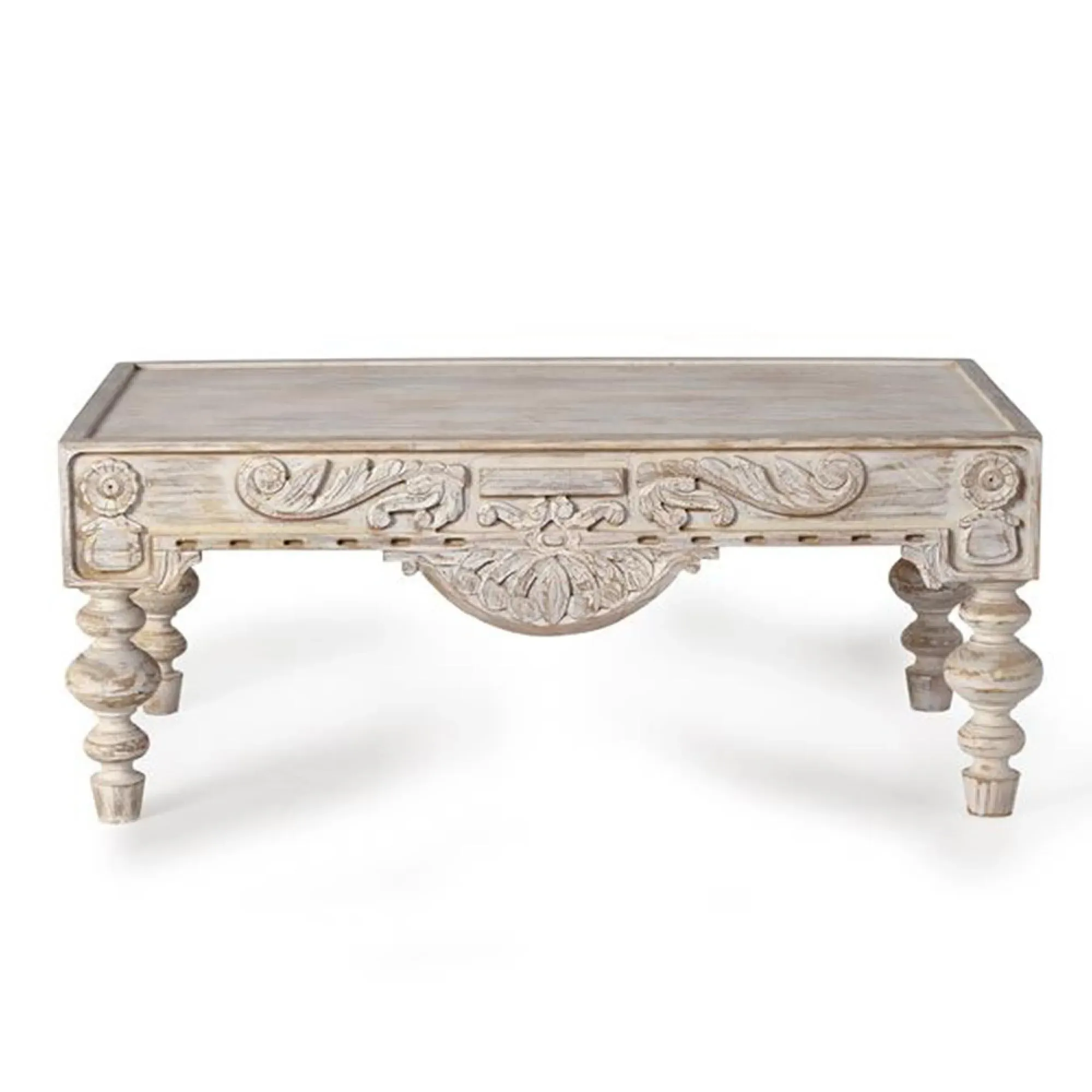 Kasherazi Carved Coffee Table - Aged White, Mango Wood