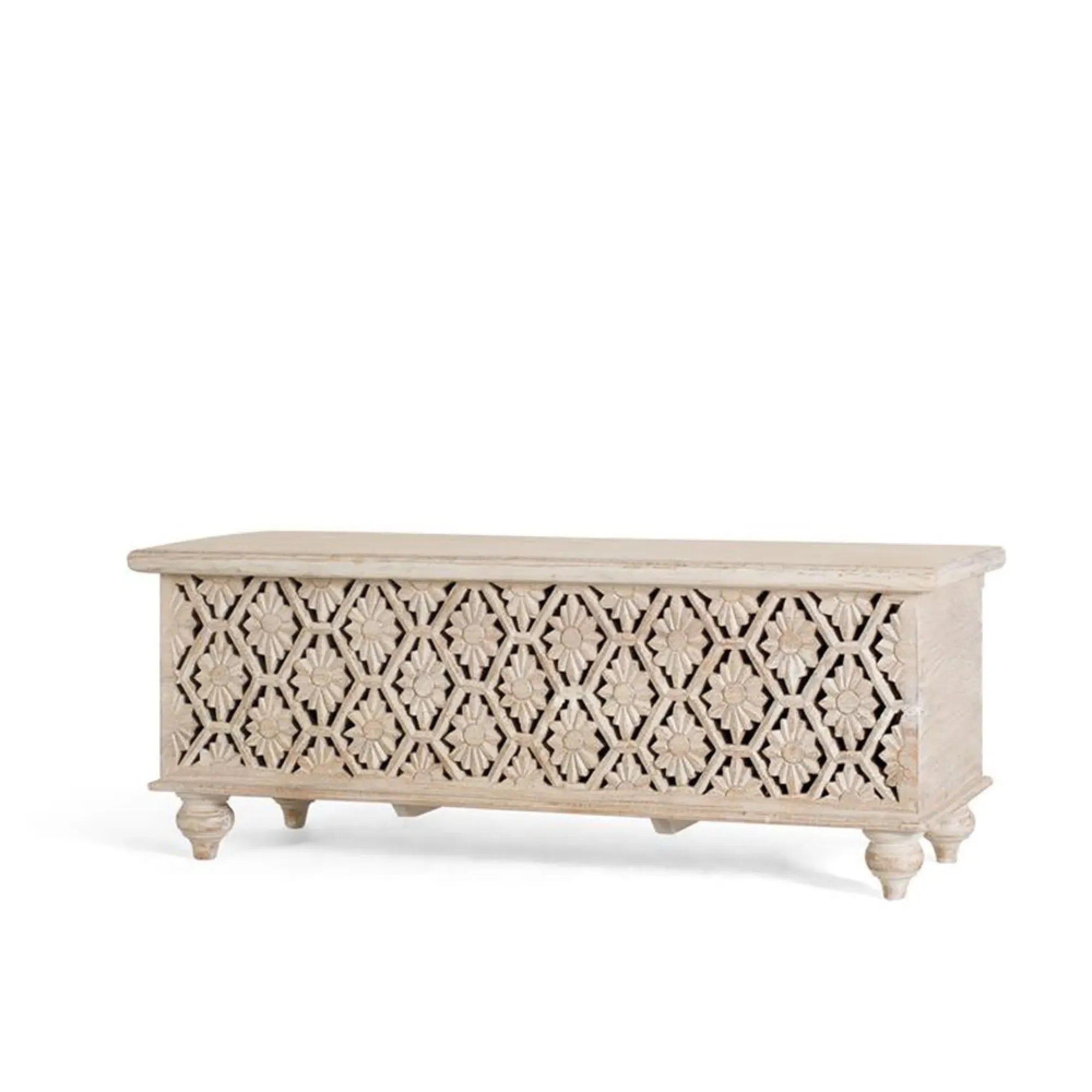 Kraschach Carved Storage Trunk - Pickled White, Mango Wood