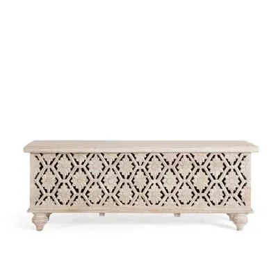 Kraschach Carved Storage Trunk - Pickled White, Mango Wood image