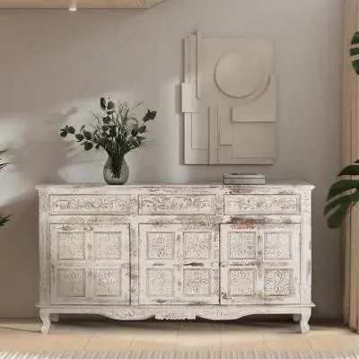 Linzarates 3 Door Large Sideboard - Crackled White, Mango Wood image