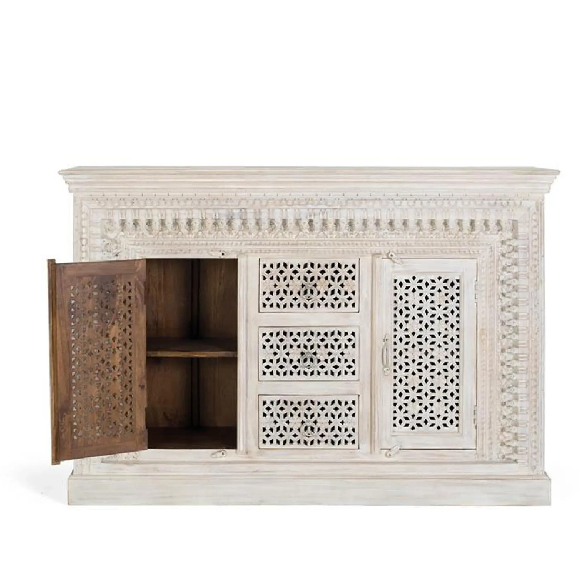 Lomax 2 Door Medium Sideboard - Aged White, Carved Mango Wood