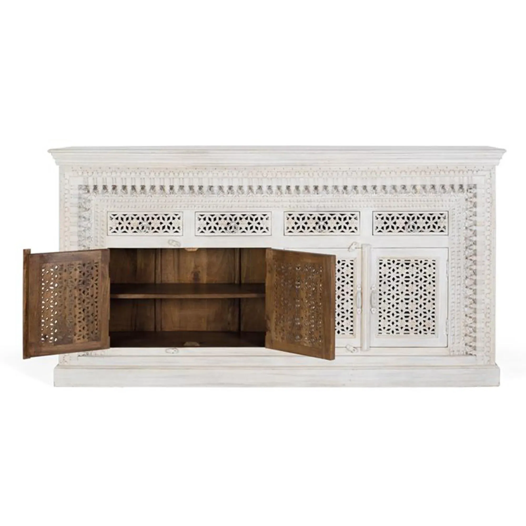 Lomax Carved 4 Door Sideboard - Antique White, Mango Wood