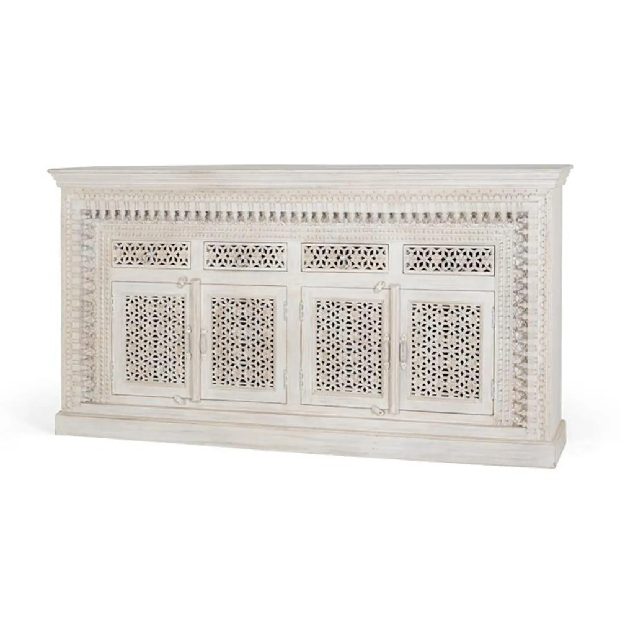 Lomax Carved 4 Door Sideboard - Antique White, Mango Wood
