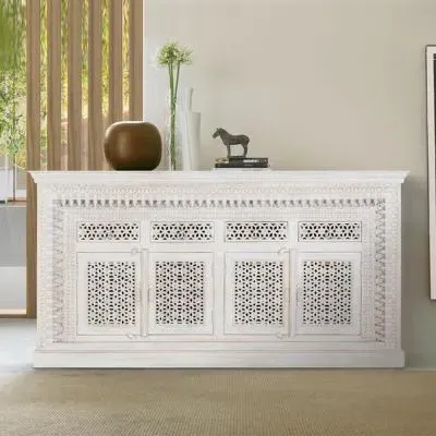 Lomax Carved 4 Door Sideboard - Antique White, Mango Wood