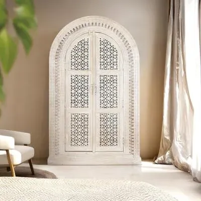 Lomax Carved Arch 2 Door Wardrobe - Antique White, Mango Wood