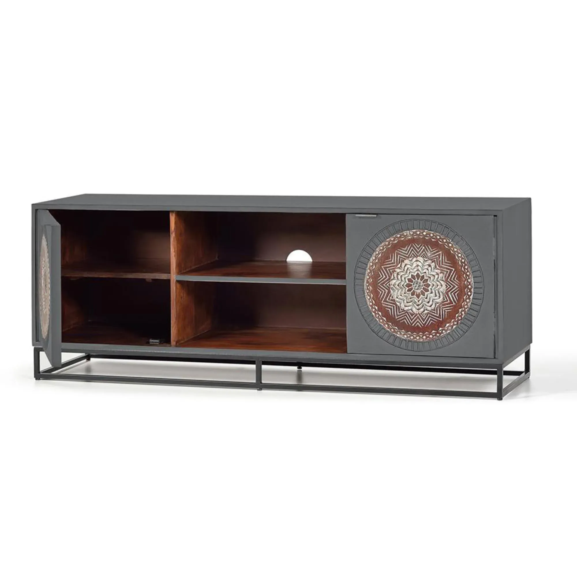 Lytton 2 Door TV Unit - Grey, Carved Mango Wood